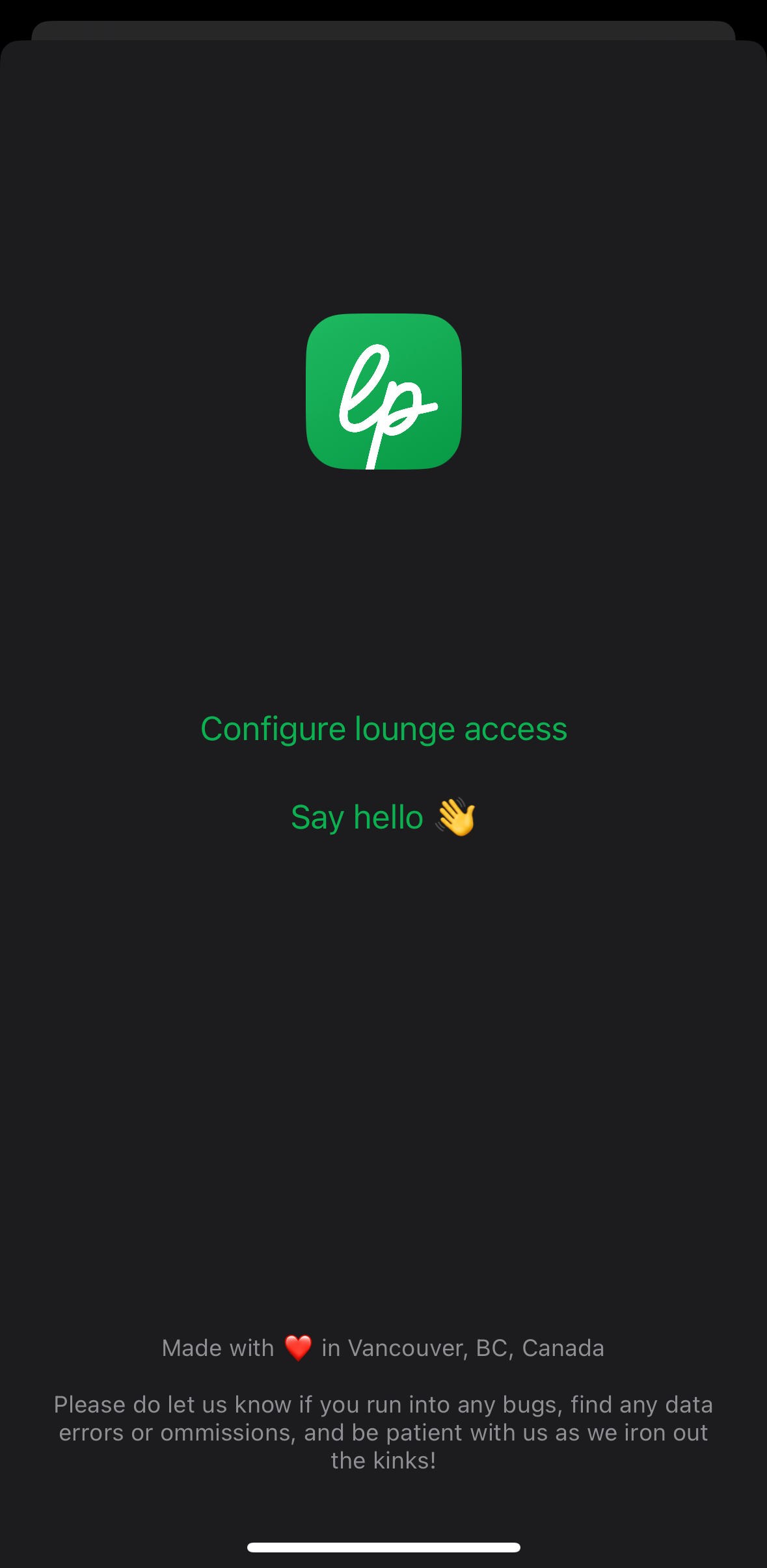 Loungepedia app welcome page