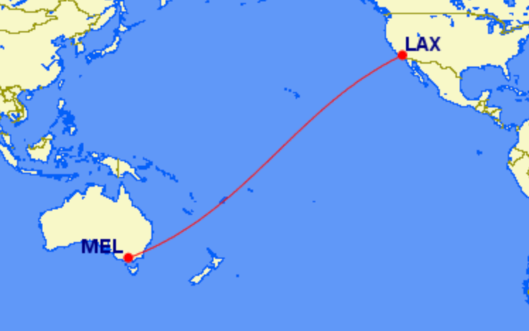 Map of New Delta Route between LAX and Melbourne