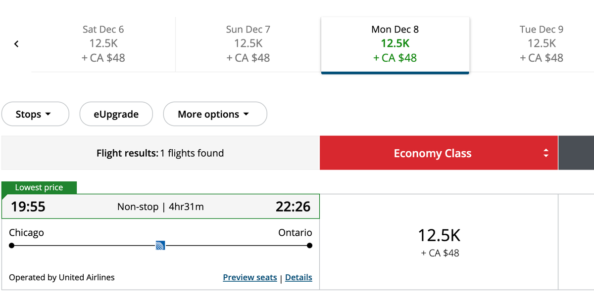 ORD to ONT AC award rate using points