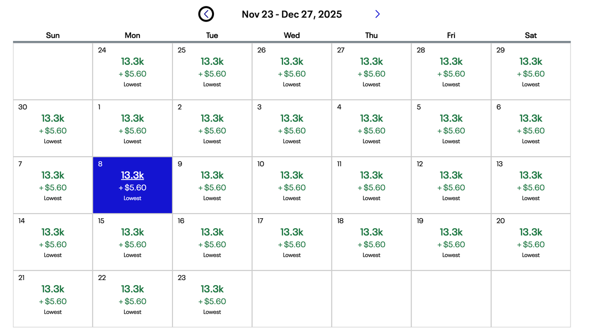 ORD-ONT award pricing from United calendar