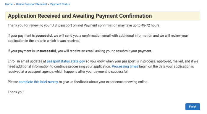 Online passport renewal awaiting payment