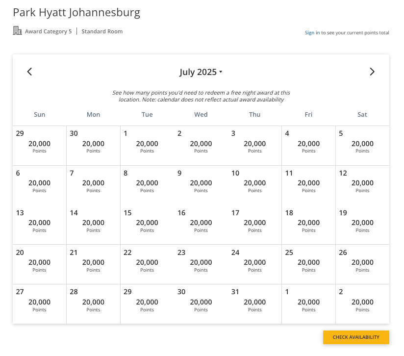 Park Hyatt Johannesburg Points Rates