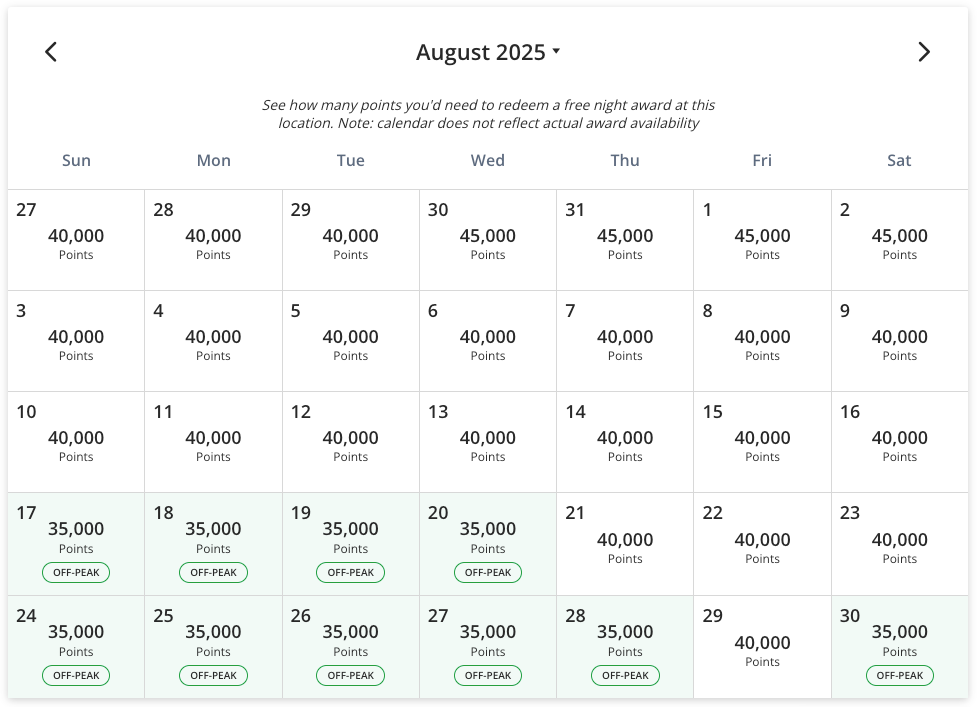 Park Hyatt Los Cabos August 2025 points calendar