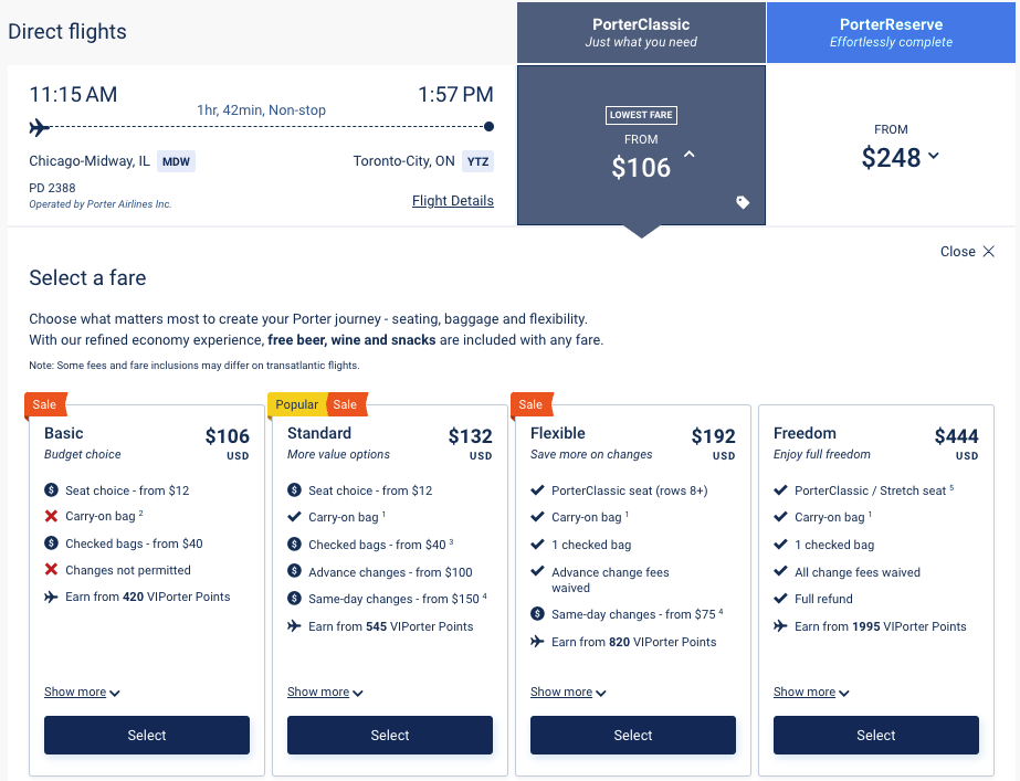 Porter Airlines Fare Types