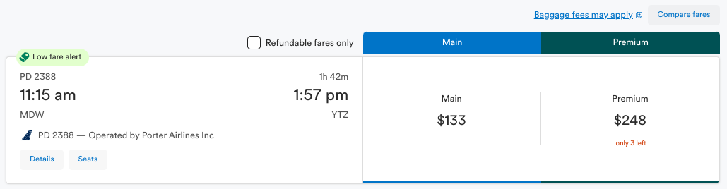 Porter Flight from Chicago to Toronto on Alaska's Website