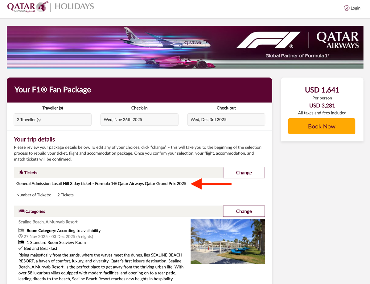 Qatar Formula 1 Fan Package checkout page