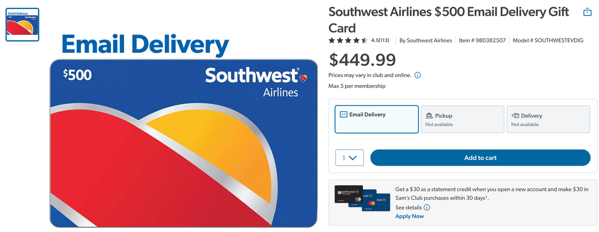 Sams Club Southwest gift card 500 for 449.99