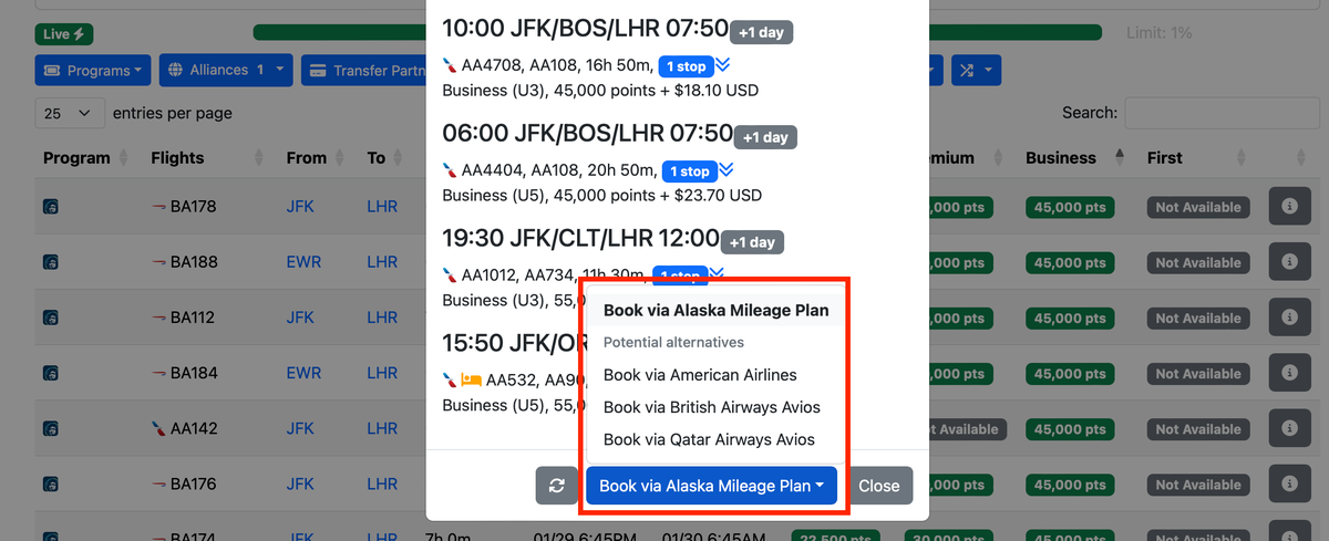 Seats.aero booking link