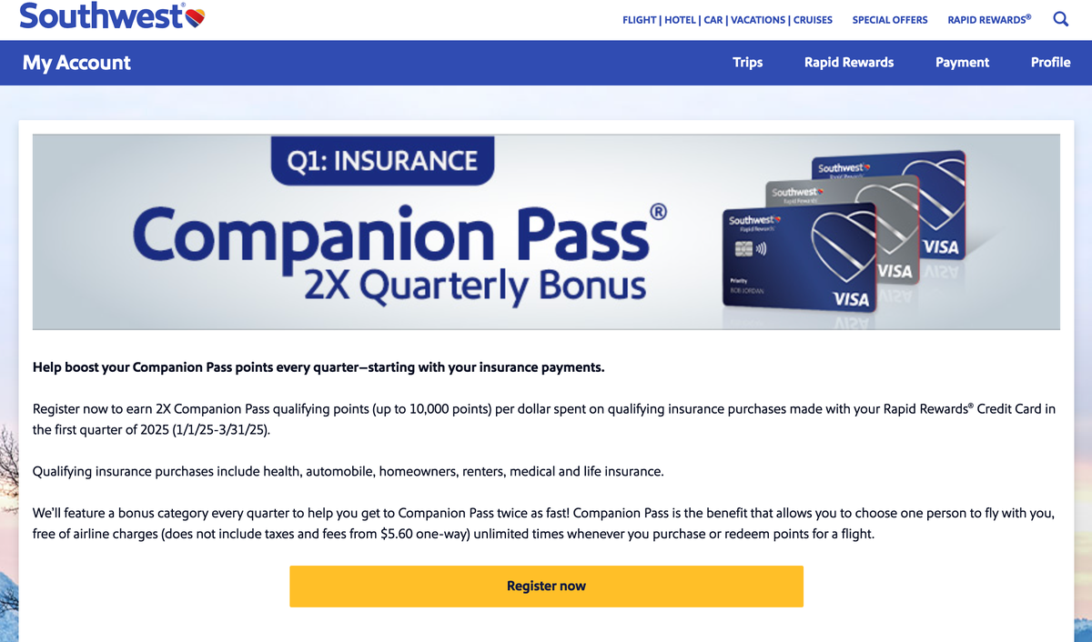 Southwest Companion Pass 2x quarterly bonus