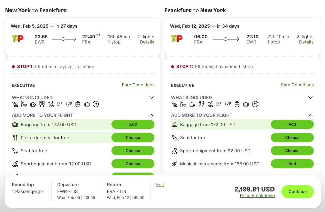 TAP Portugal EWR LIS FRA round trip business 2199 fare