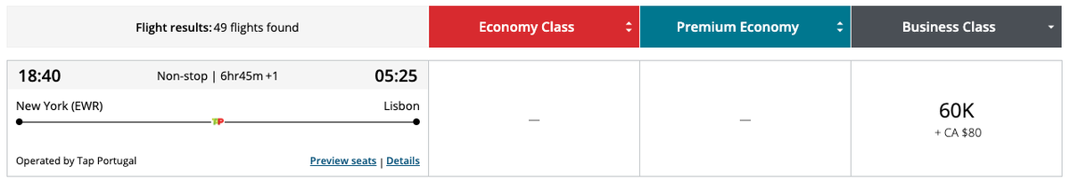 TAP Portugal flights on Air Canada's website for 60k points in business class