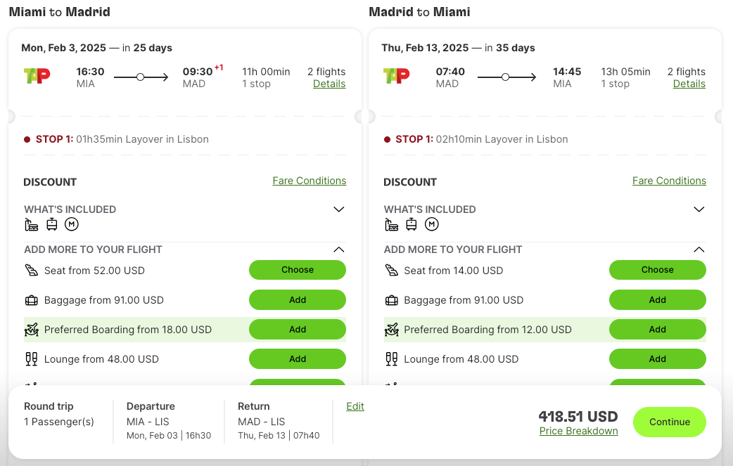 TAP Portugal MIA LIS MAD round trip economy 419 fare