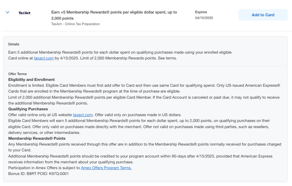 TaxAct Amex Offer bonus points January 2025