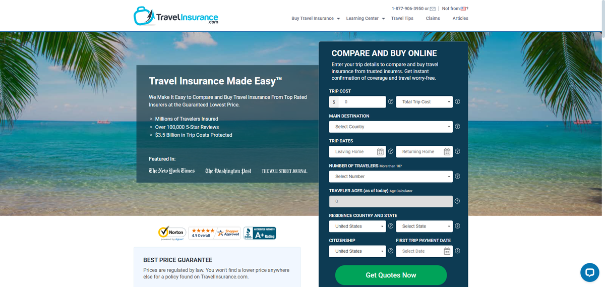 TravelInsurance.com homepage