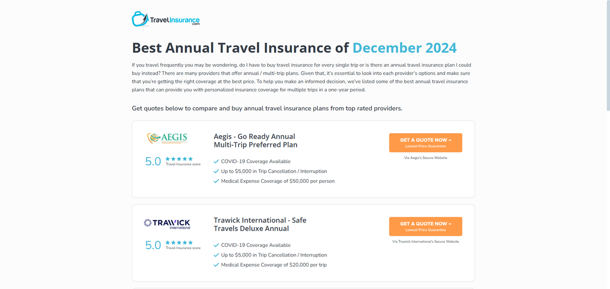 Travelinsurance.com annual travel insurance options