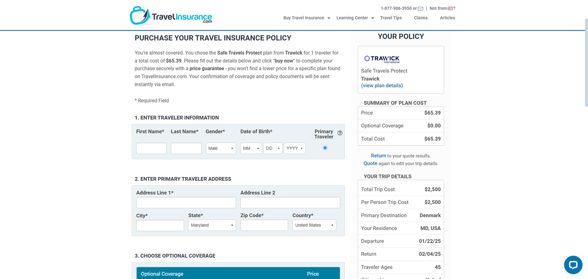 Travelinsurance.com checkout page