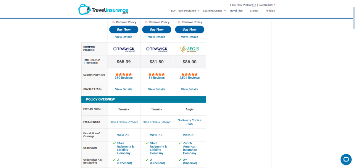 Travelinsurance.com quote comparison