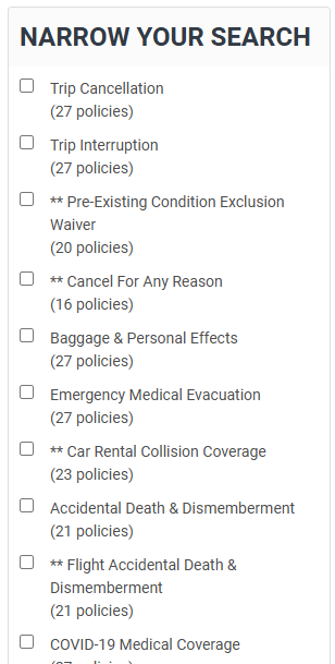 Travelinsurance.com result filters