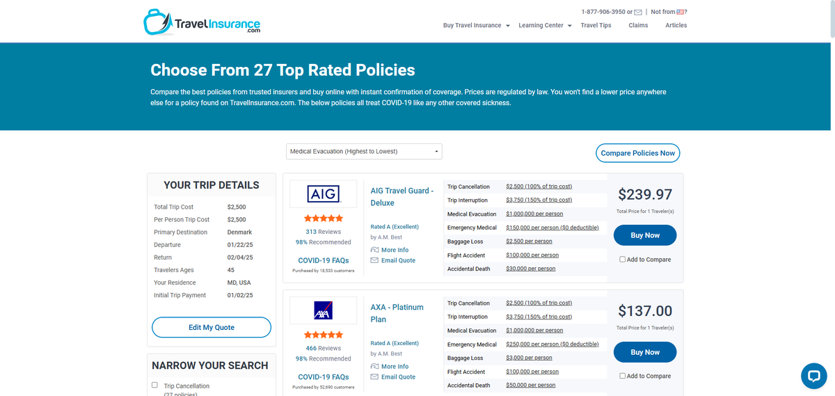 Travelinsurance.com sorted quote results