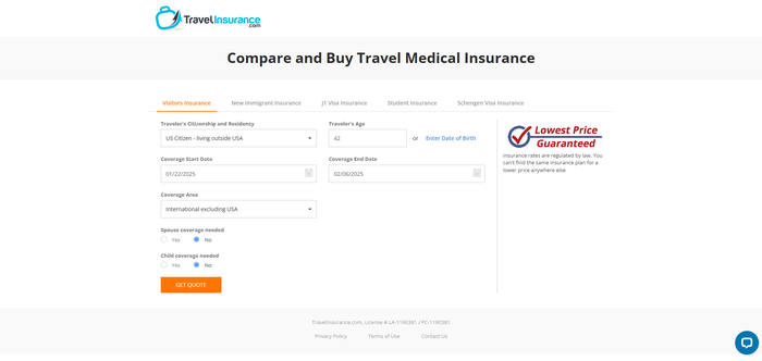 Travelinsurance.com travel medical insurance quote engine