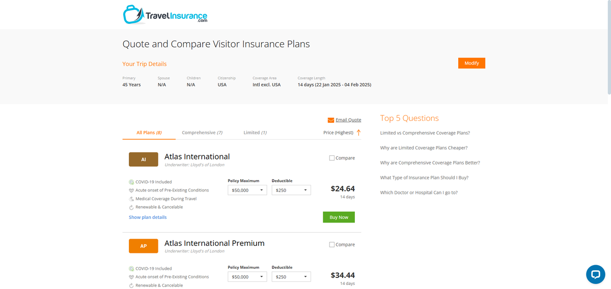 Travelinsurance.com travel medical insurance quote results