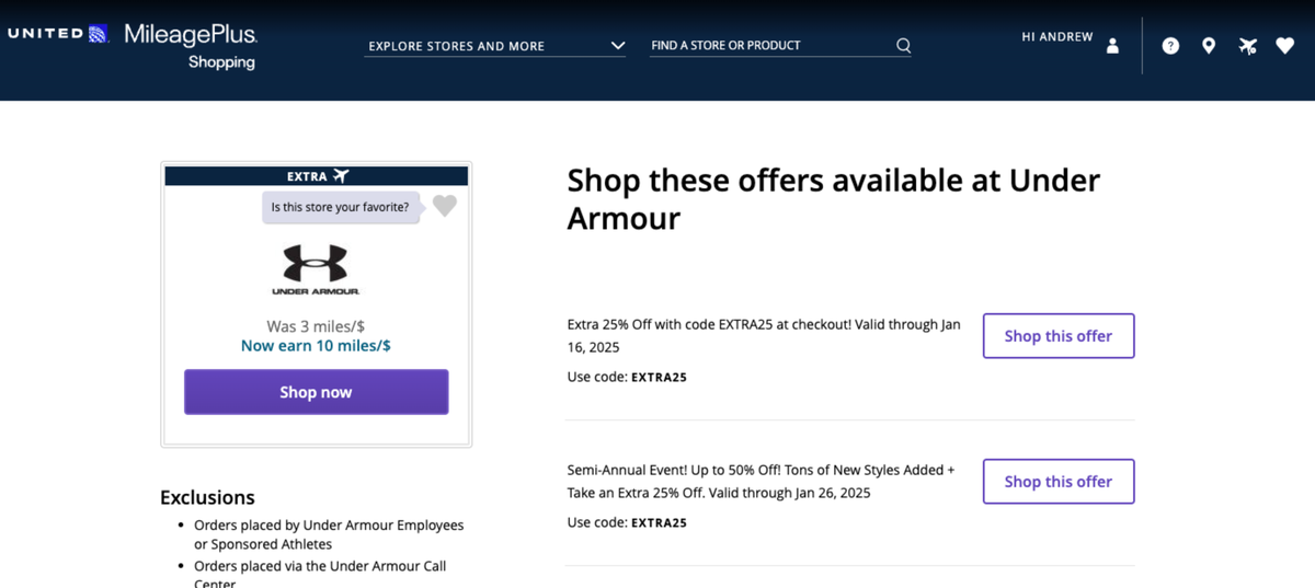Under Armour merchant page on United MileagePlus Shopping