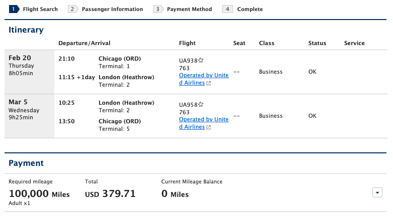 United Award Flight Itinerary on ANA's Website