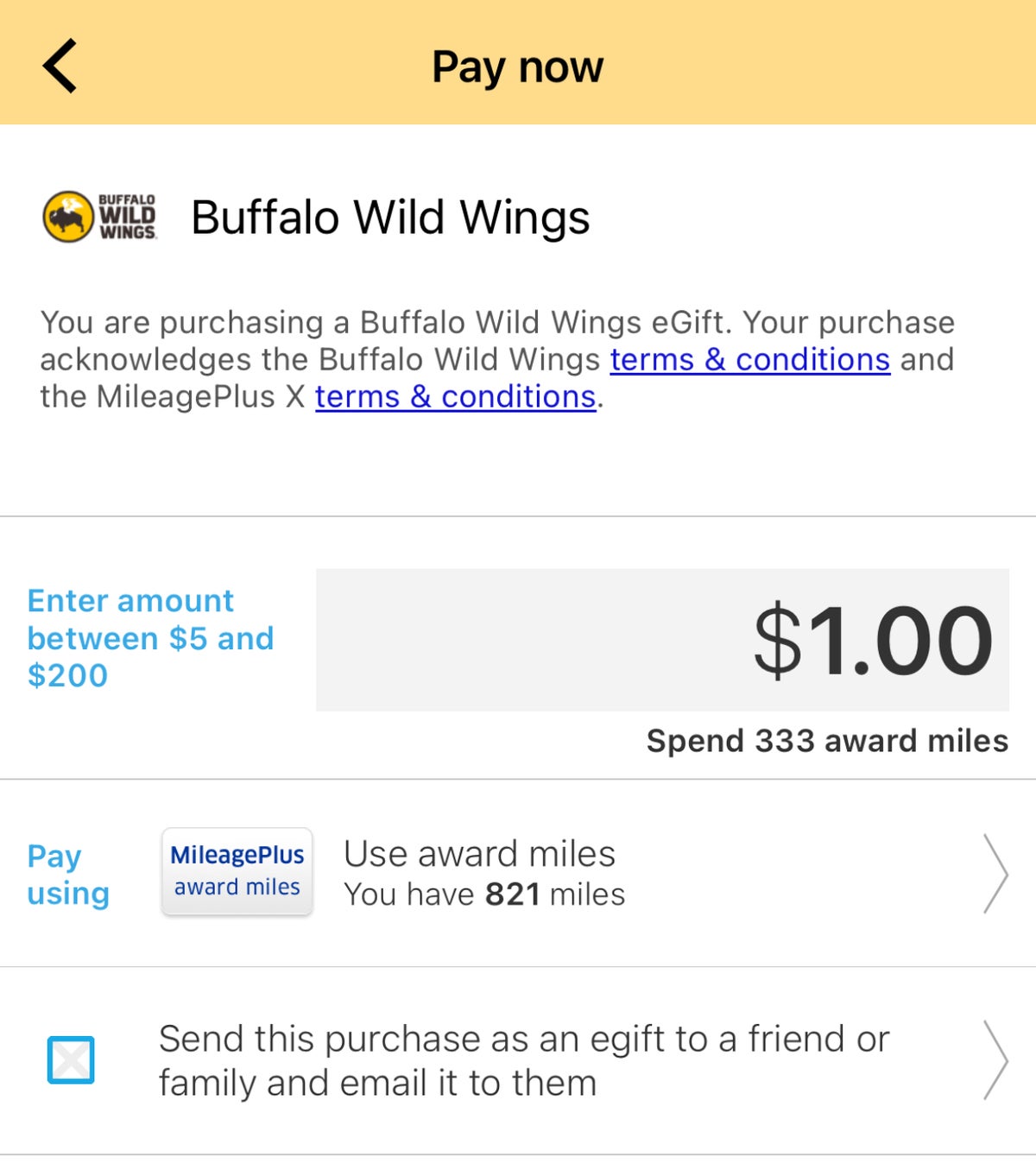 Using United miles to buy a Buffalo Wild Wings gift card