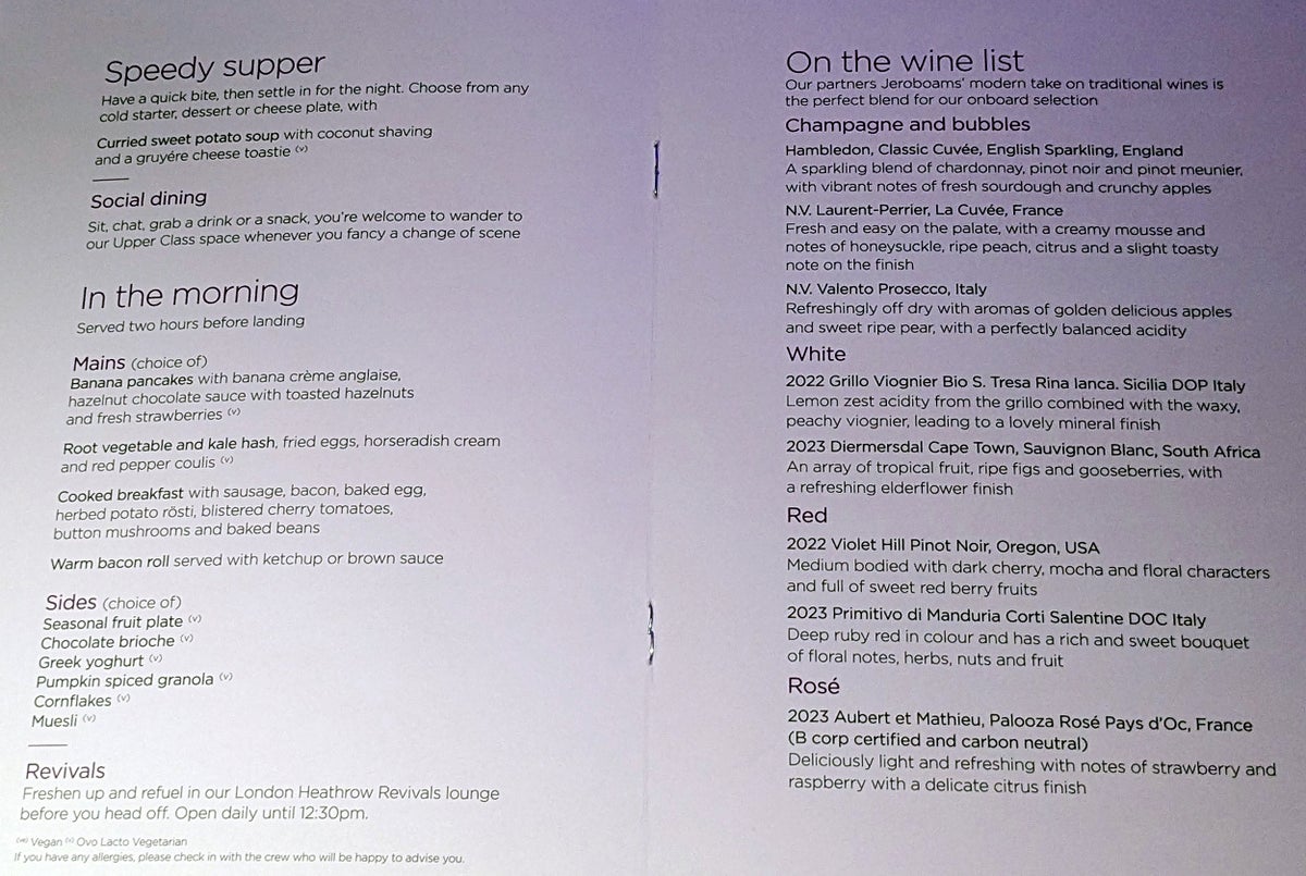 Virgin Atlantic A330 900 Business Class Wine List