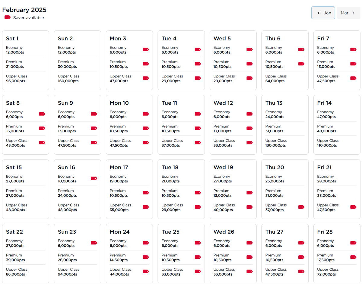 Virgin Atlantic award calendar February 2025