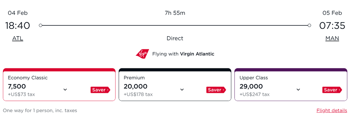 Award rates Virgin Atlantic redemption ATL-MAN