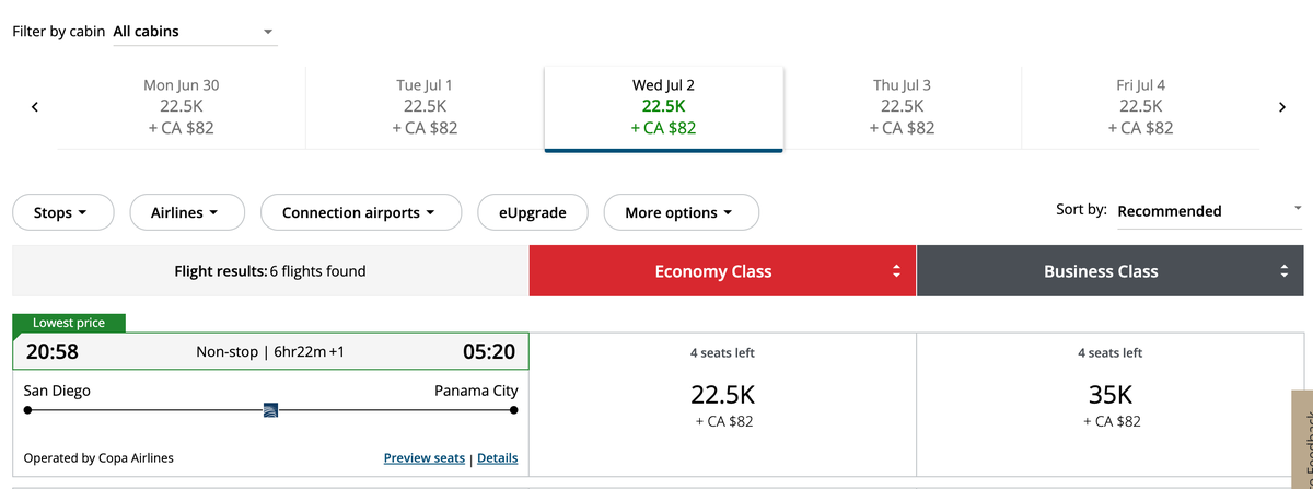 Aeroplan SAN to PTY redemption price