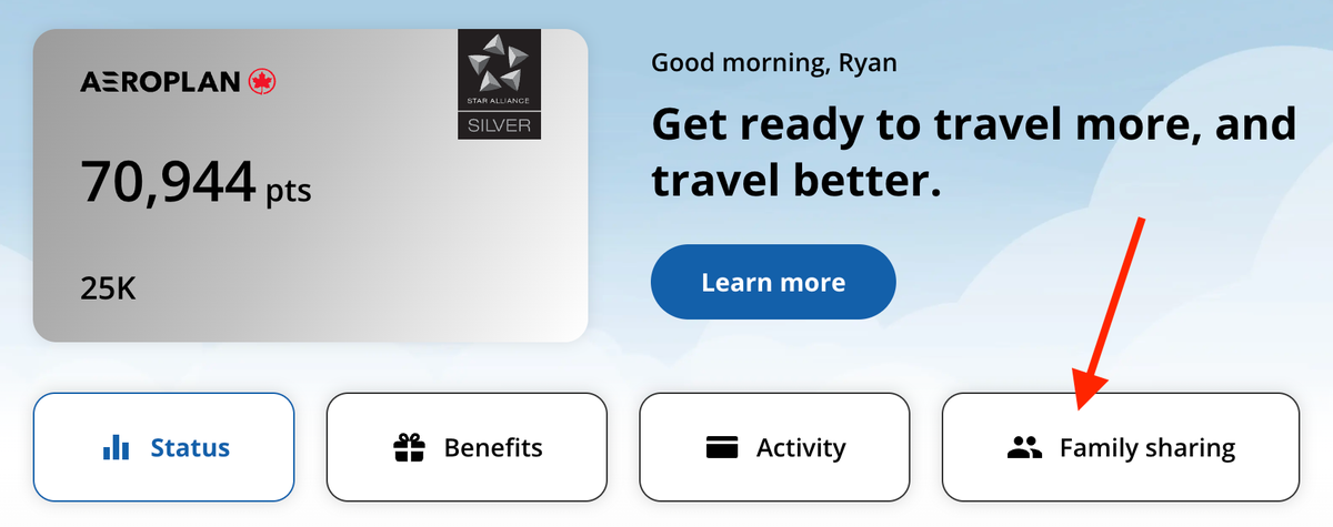 Aeroplan family sharing button