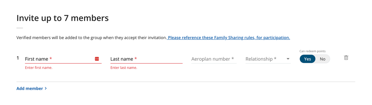 Aeroplan family sharing invitation page