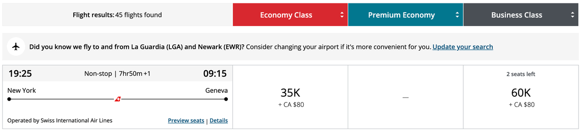 Aeroplan redemption JFK GVA in August 2025