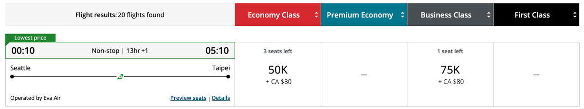 Air Canada Aeroplan EVA Air SEA TPE