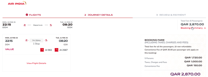Air India A320 Economy DOH BOM booking screenshot