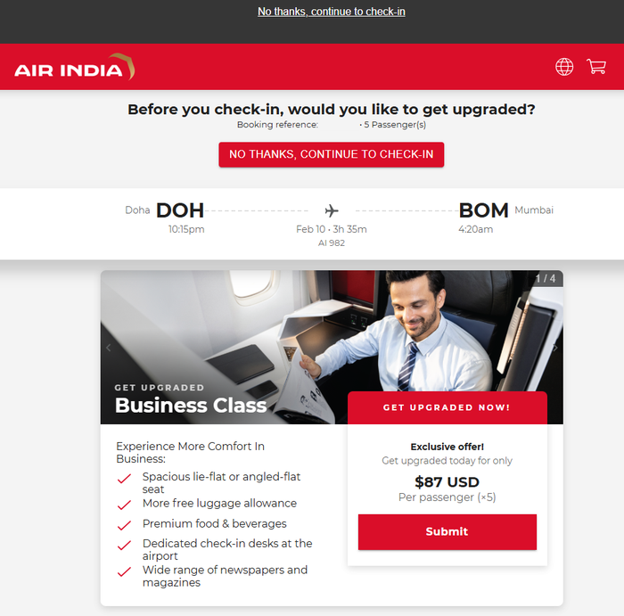 Air India A320 Economy DOH BOM upsell