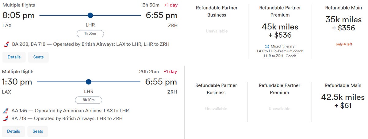 Alaska Partner Award LAX LHR ZRH