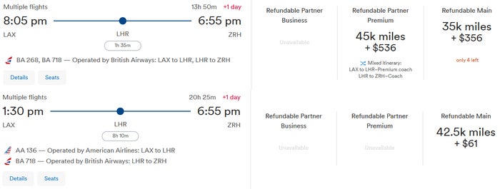 Alaska Partner Award LAX LHR ZRH