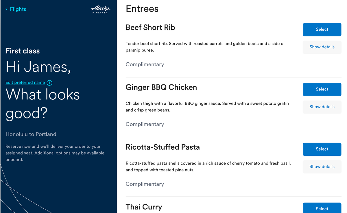 Alaska Preorder Meal Options