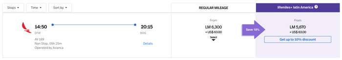 Avianca LifeMiles award price DFW BOG
