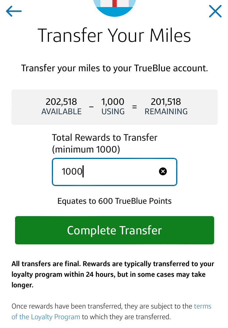 Capital One JetBlue transfer total