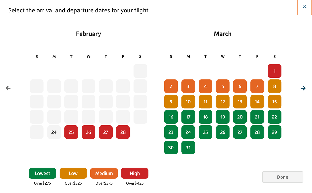 Capital One Travel flight far monthly calendar view