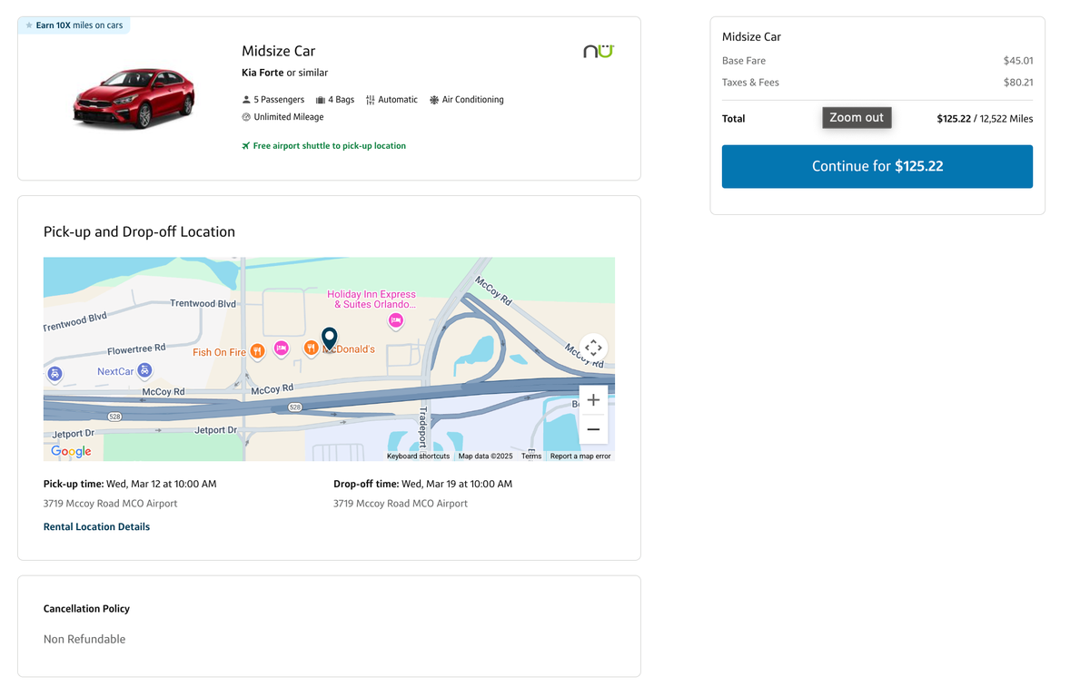 Capital One Travel rental car selection