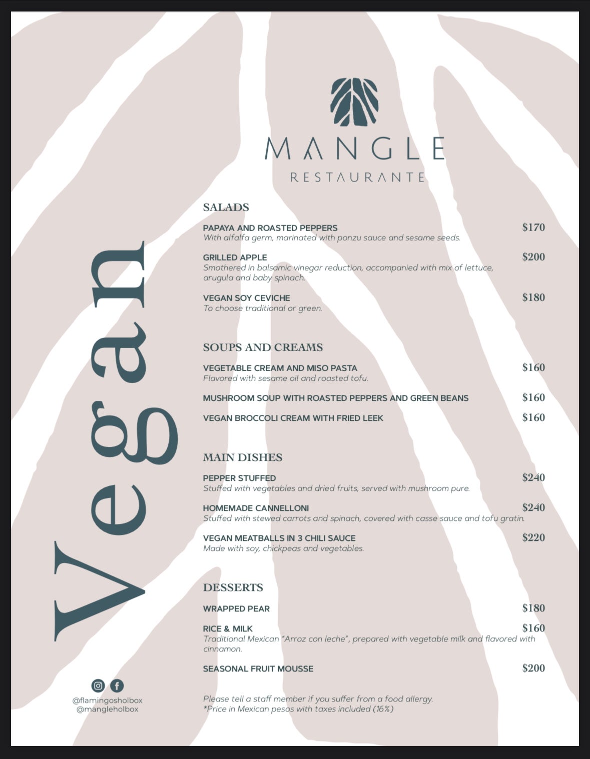 Vegan menu at Mangle