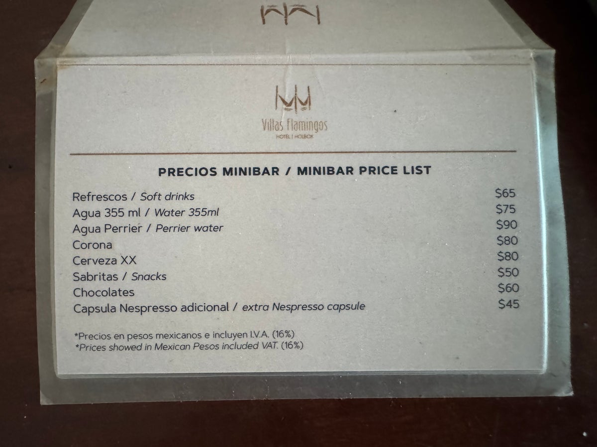 Hotel Villas Flamingos minibar price list