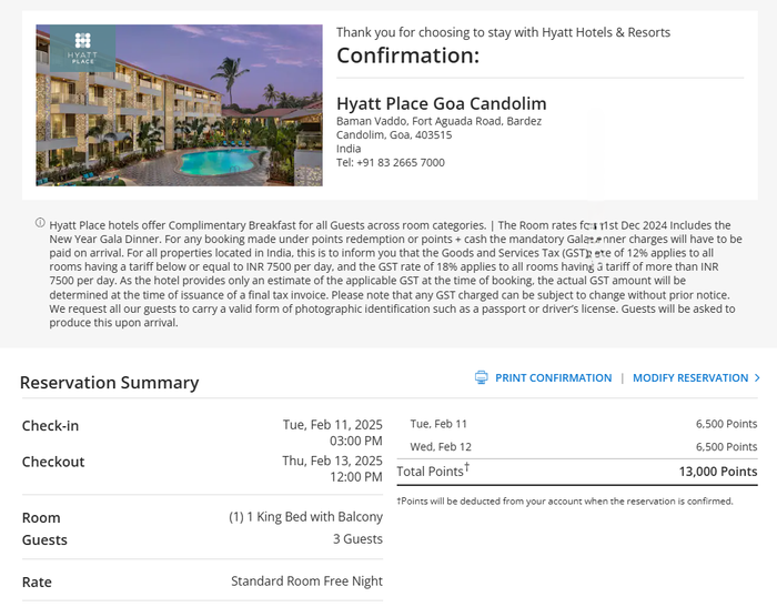 Hyatt Place Goa Candolim booking confirmation