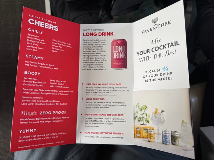 JSX Embraer ERJ135 drink menu JSX Embraer ERJ135 drink menu