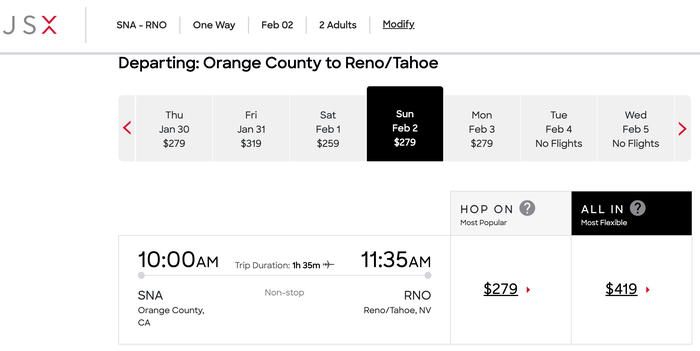 JSX booking cost SNA RNO JSX booking cost SNA RNO